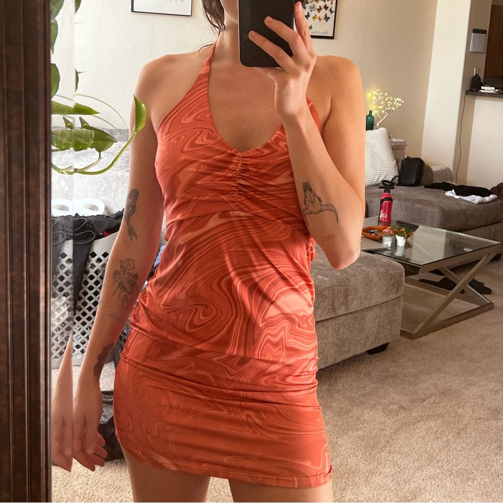 Pink Wave Design Halter Dress